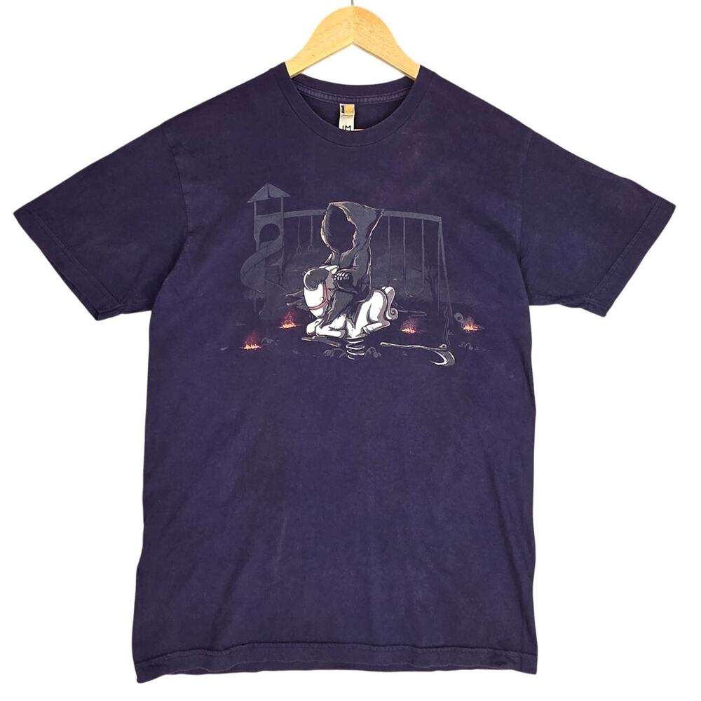 WOOT Y2K BLUE SHORT SLEEVE DEATH ON HORSE FUNNY GRAPHIC T SHIRT MEN’S MEDIUM